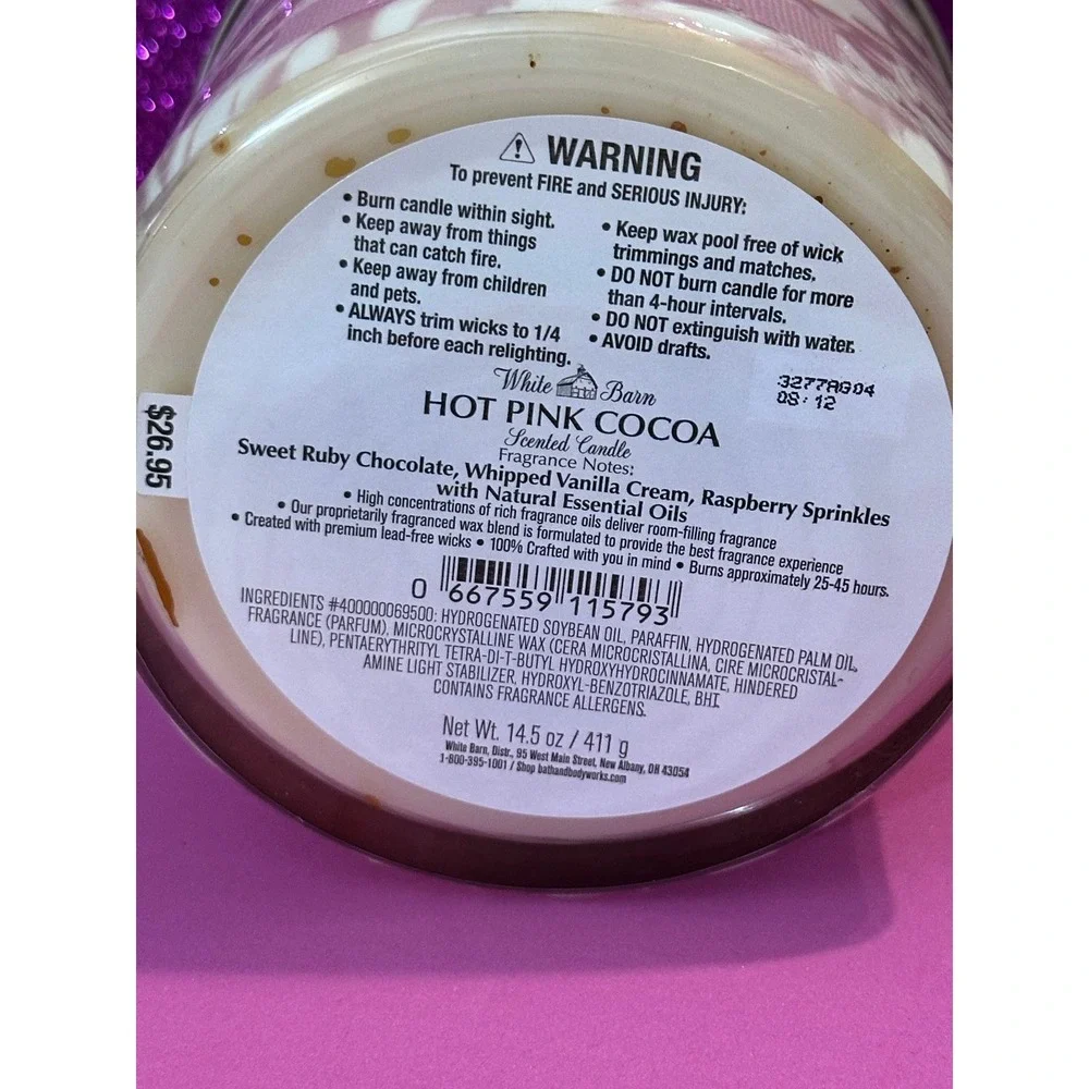 Bath & Body Works/White Barn Hot Pink Cocoa 3 Wick Scented Candle 14.5 oz